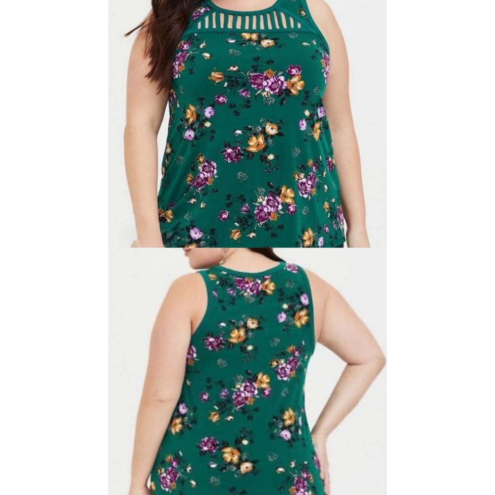 Torrid Green Floral Cage Neck Tank Top Womens Plus Size‎ 2 2X Sleeveless Knit